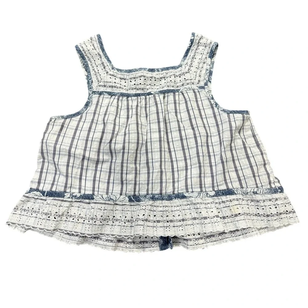 American Eagle Blue White Plaid Eyelet Lace Babydoll Sleeveless Top Kids Medium